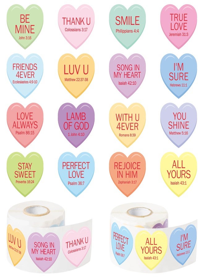 W1cwey 1000pcs Valentine’s Day Heart-Shaped Candy Sticker Rolls (2 Rolls), 16 Designs Valentine’s Theme Jesus Reply from Bible Chapter Self-Adhesive Sticker for Kids Sunday School VBS Supplies (Red) - Image 1